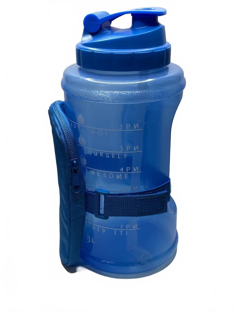 Blue Large Water Bottle with Side Zipper Pouch and Time Marker 74oz